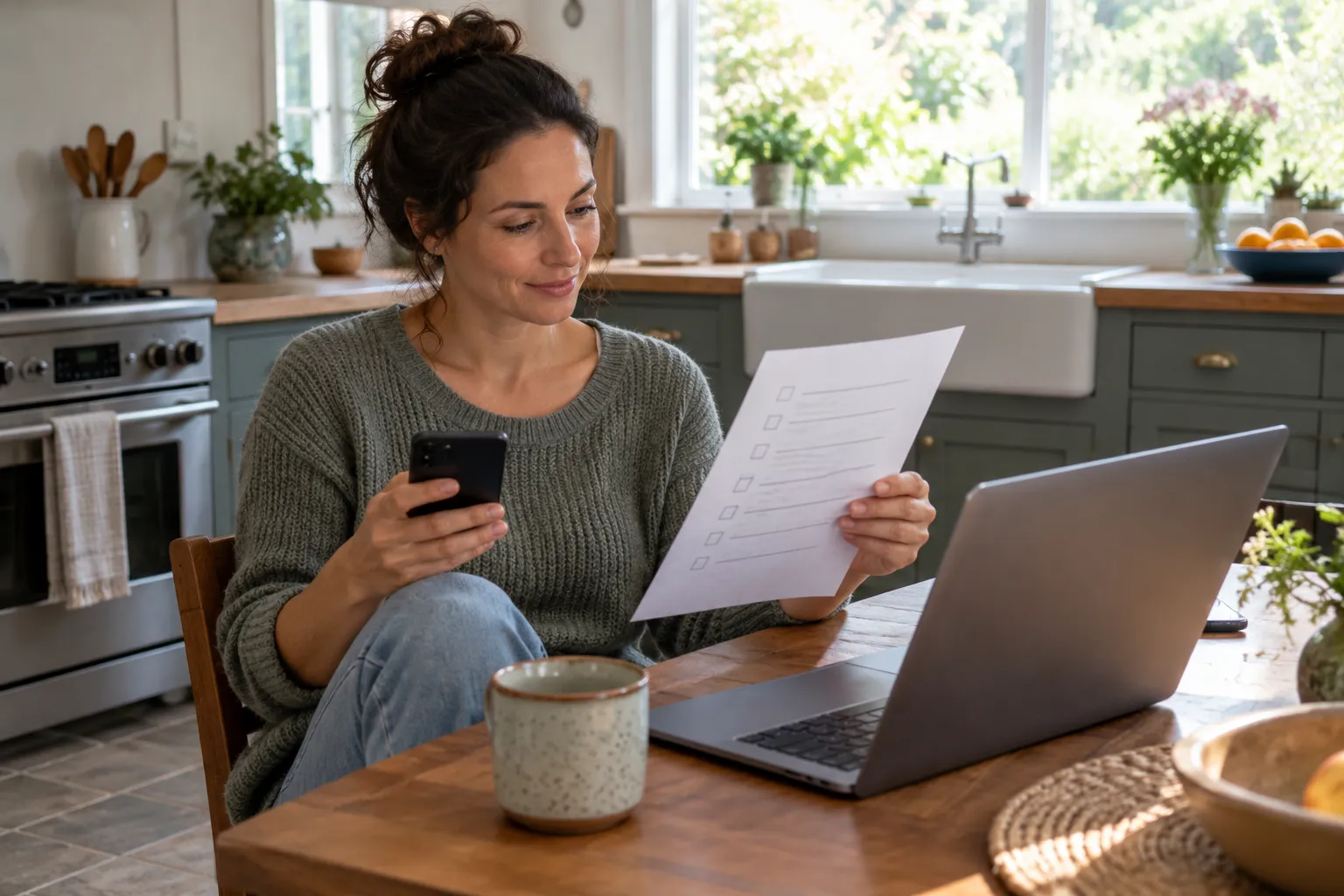 Homeowner reviewing a mold checklist at the kitchen table