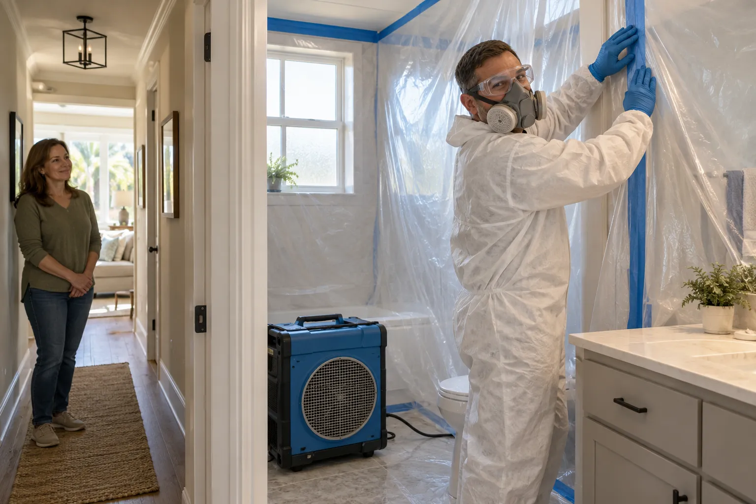 Friendly mold remediation provider setting up containment in a home in Pompano Beach
